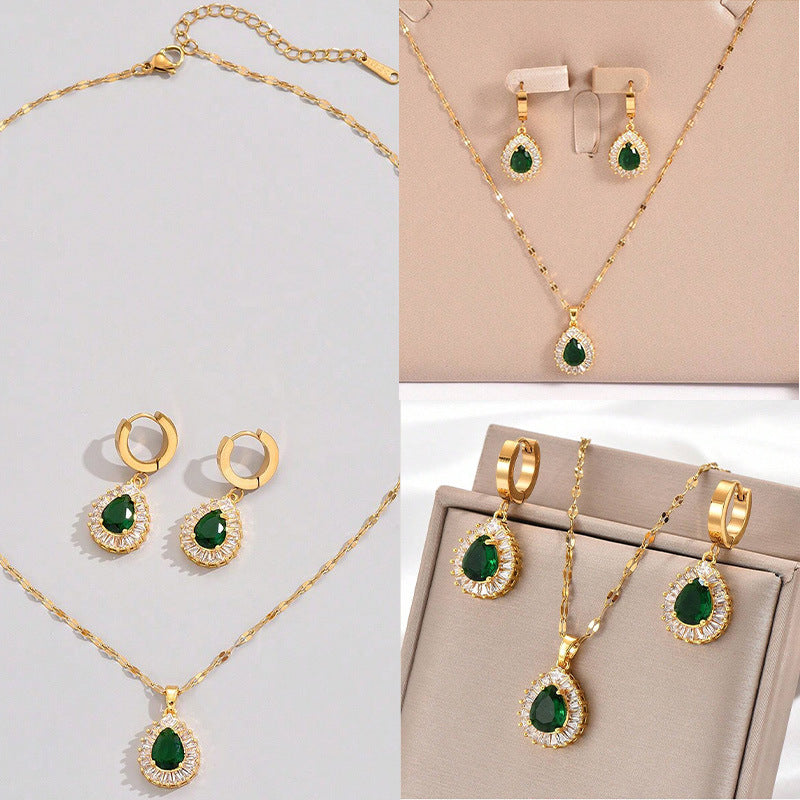 Jewelry set - geometric design with rhinestones, including necklace and pair of earrings, for women to wear daily or as an engagement gift, high-end jewelry