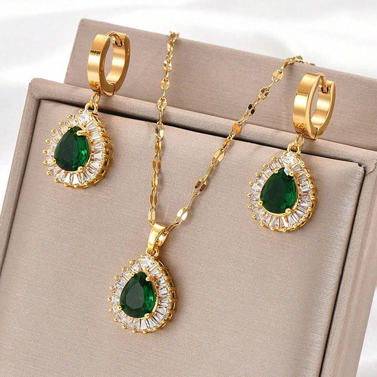 Jewelry set - geometric design with rhinestones, including necklace and pair of earrings, for women to wear daily or as an engagement gift, high-end jewelry